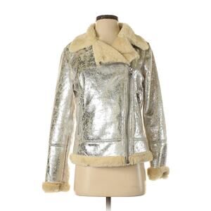 TOMMY HILFIGER Distressed Silver Metallic Shearling Motorcycle Jacket Petite S